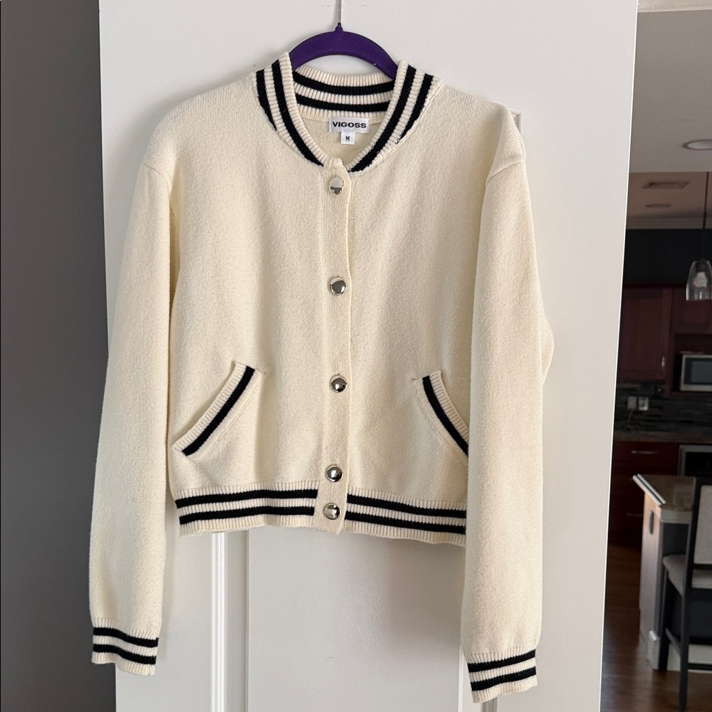 Vigoss Cream Knit Bomber Jacket with Black Stripe Trim